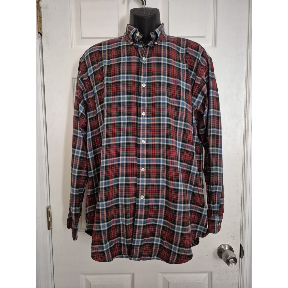 Ralph Lauren Men's Blake Classic‎ Fit Cotton Flannel Red Blue Plaid Button Down